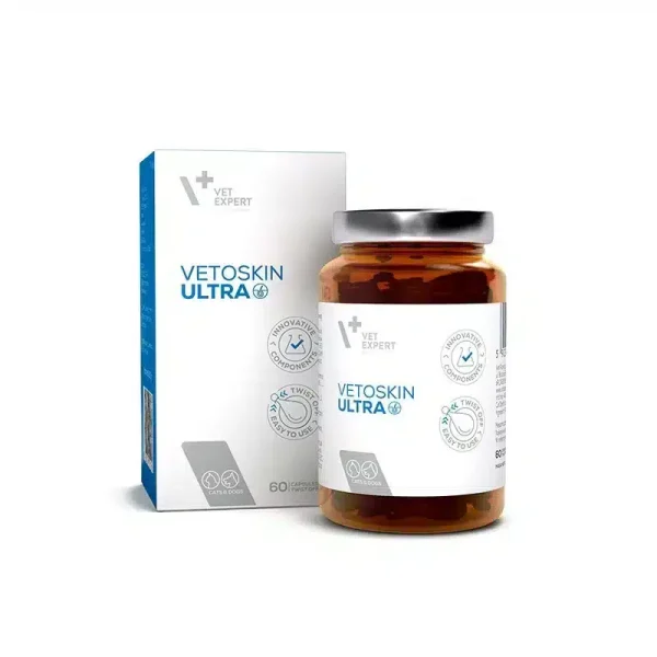 Vet Expert Vetoskin Ultra - иновативна подпомагаща грижа за атопична и свръх чувствителна кожа при кучета и котки, 60 twist-off caps.